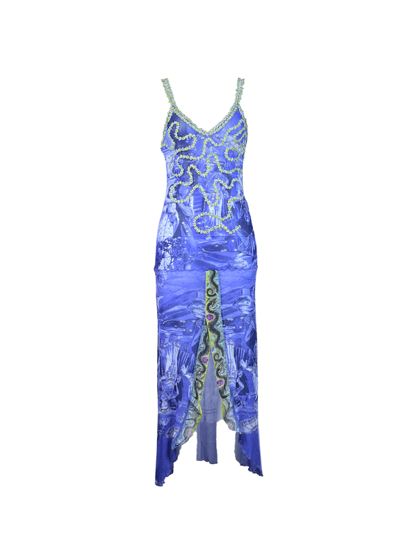 S/s 1998 Blue Printed Dress with Front Slit