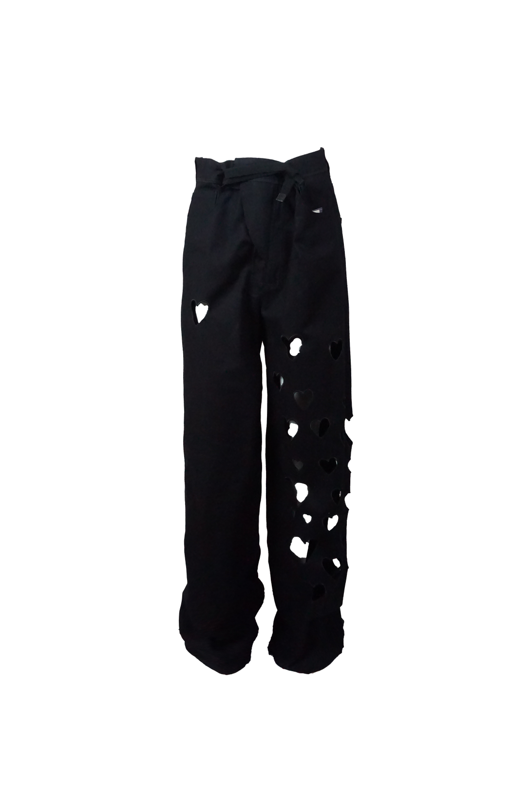 Black wide-leg pants with heart-shaped cutouts on one leg, high-waisted, full-length.
